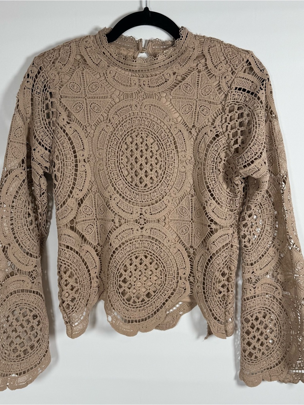 NWT Taupe Crochet Lace Blouse Women’s Long Sleeve Boho Coquette Cottagecore Sz S